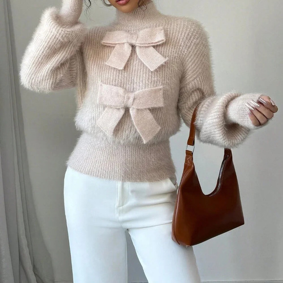 Apricot Casual Women's Stand Collar Bow Decor Sweater - Picture 7 of 7